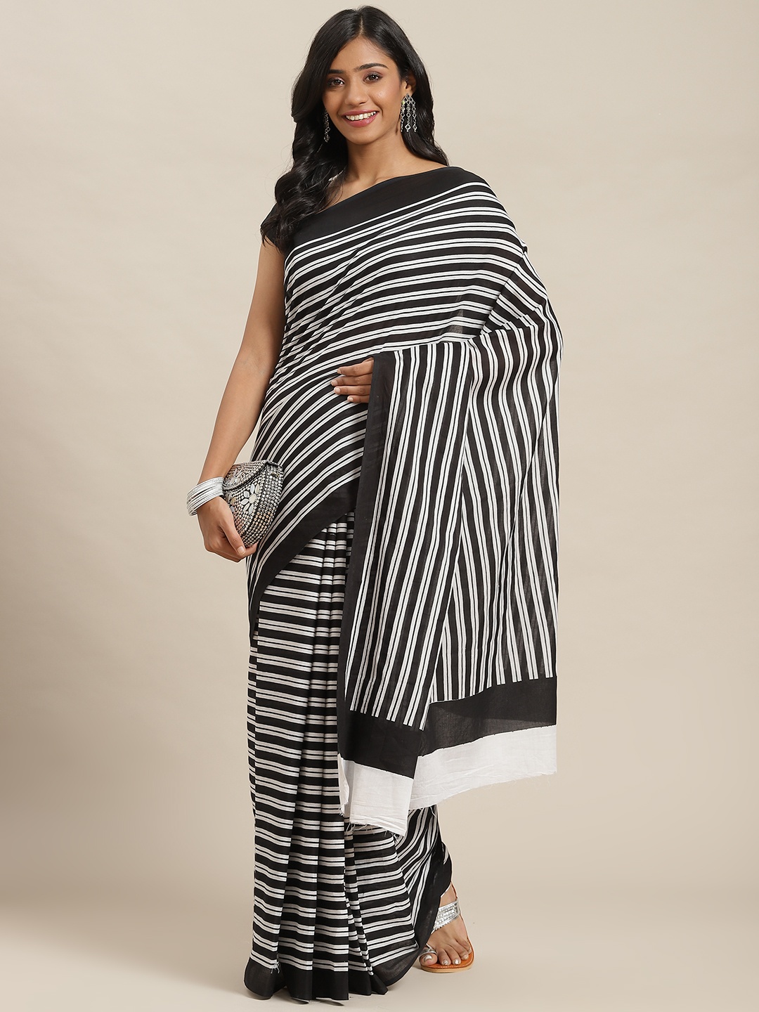 

Libas Black & White Striped Pure Cotton Saree