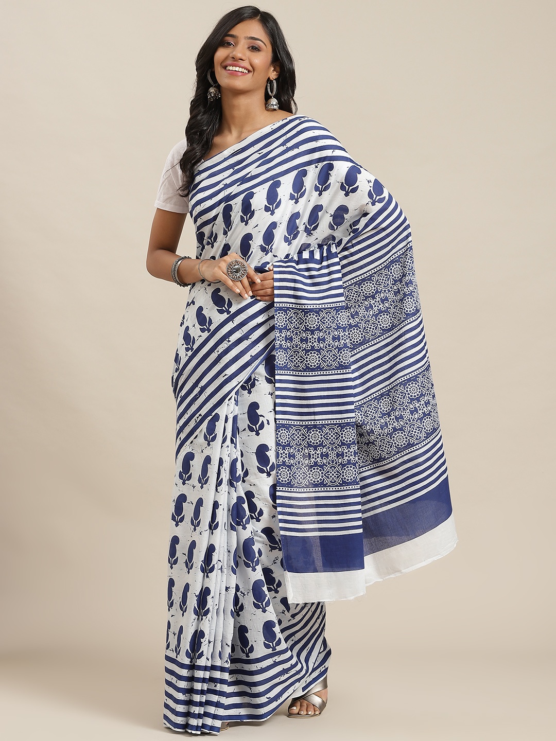 

Libas Blue & White Paisley Pure Cotton Saree