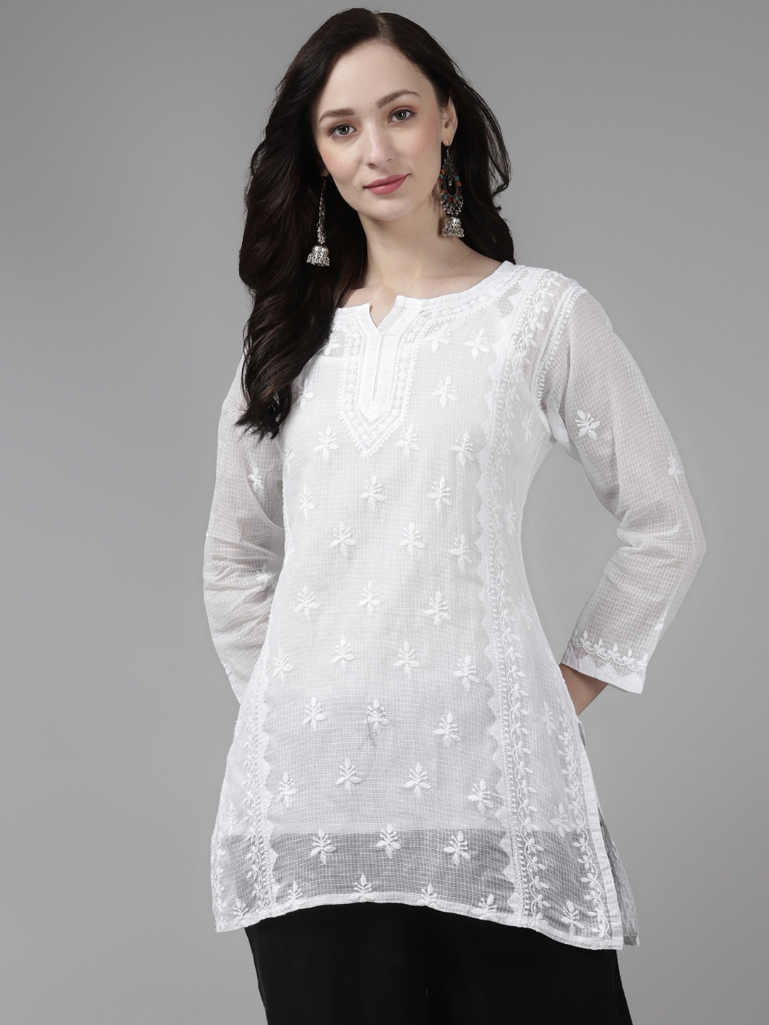 

ADA White Ethnic Motifs Embroidered Boat Neck Chikankari Kota Kurti with a Matching Slip