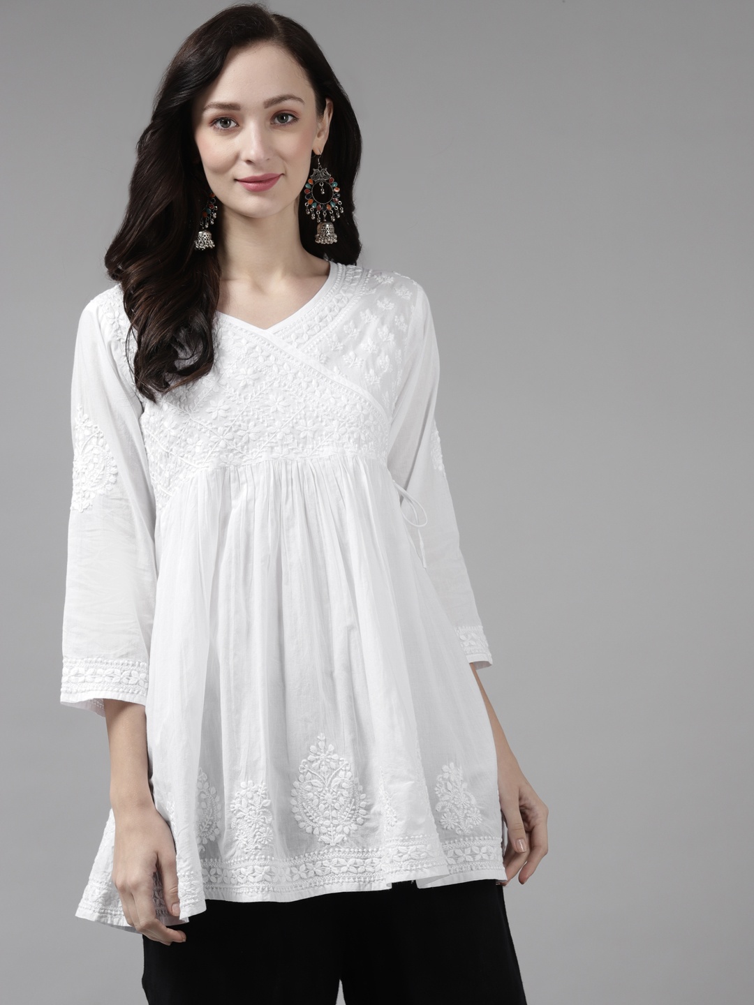 

ADA White Ethnic Motifs Embroidered V-Neck Chikankari Angrakha Anarkali Kurti