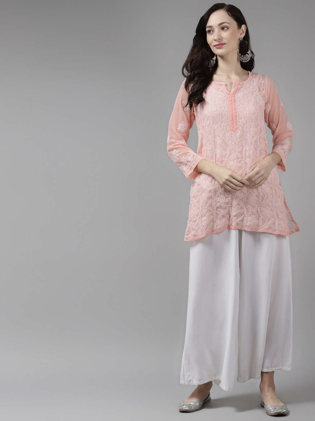 

ADA Peach-Coloured Ethnic Motifs Embroidered Chikankari Pure Georgette Chikankari Kurti