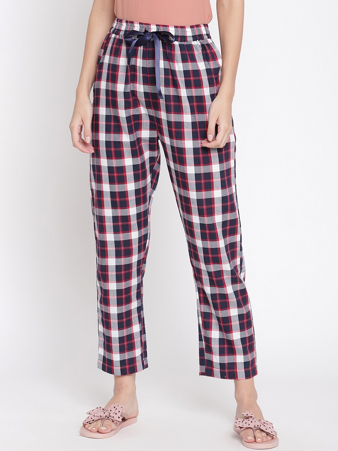 

COASTLAND Women Navy Blue & White Checked Cotton Lounge Pants