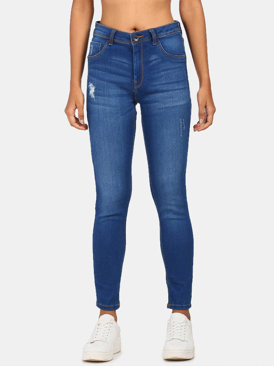 

Flying Machine Women Blue Washed Distressed Mid Rise Slim-Fit Jeggings