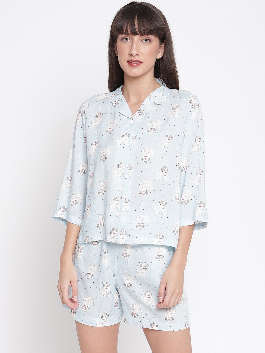 

COASTLAND Women Blue & White Printed Night suit