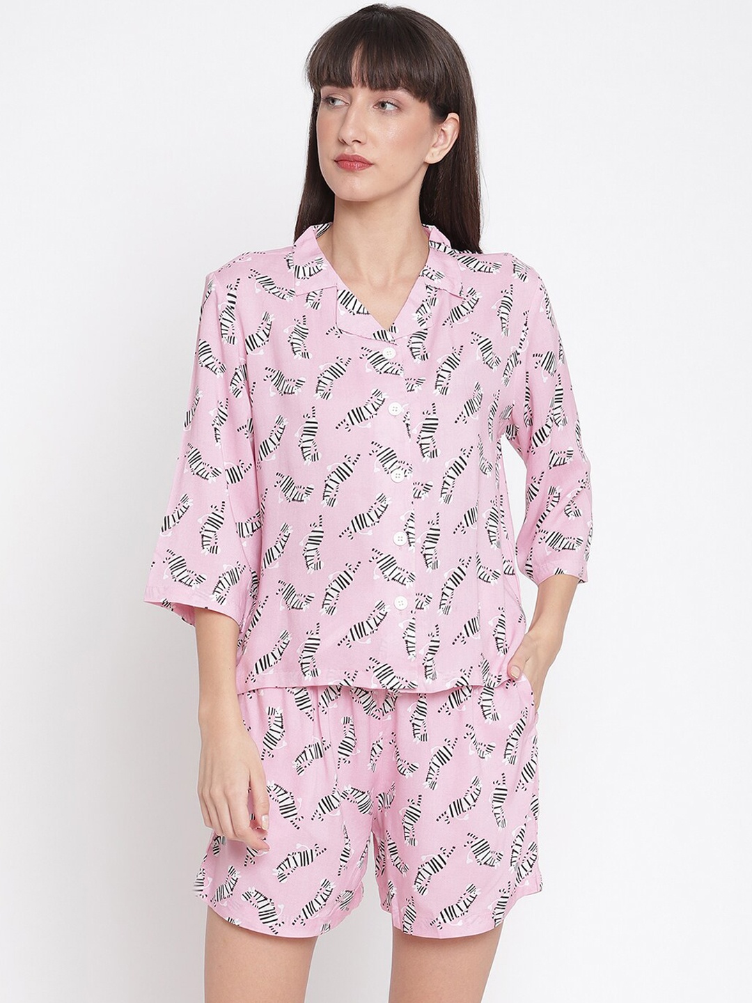 

COASTLAND Women Pink & White Zebra Printed Night suit