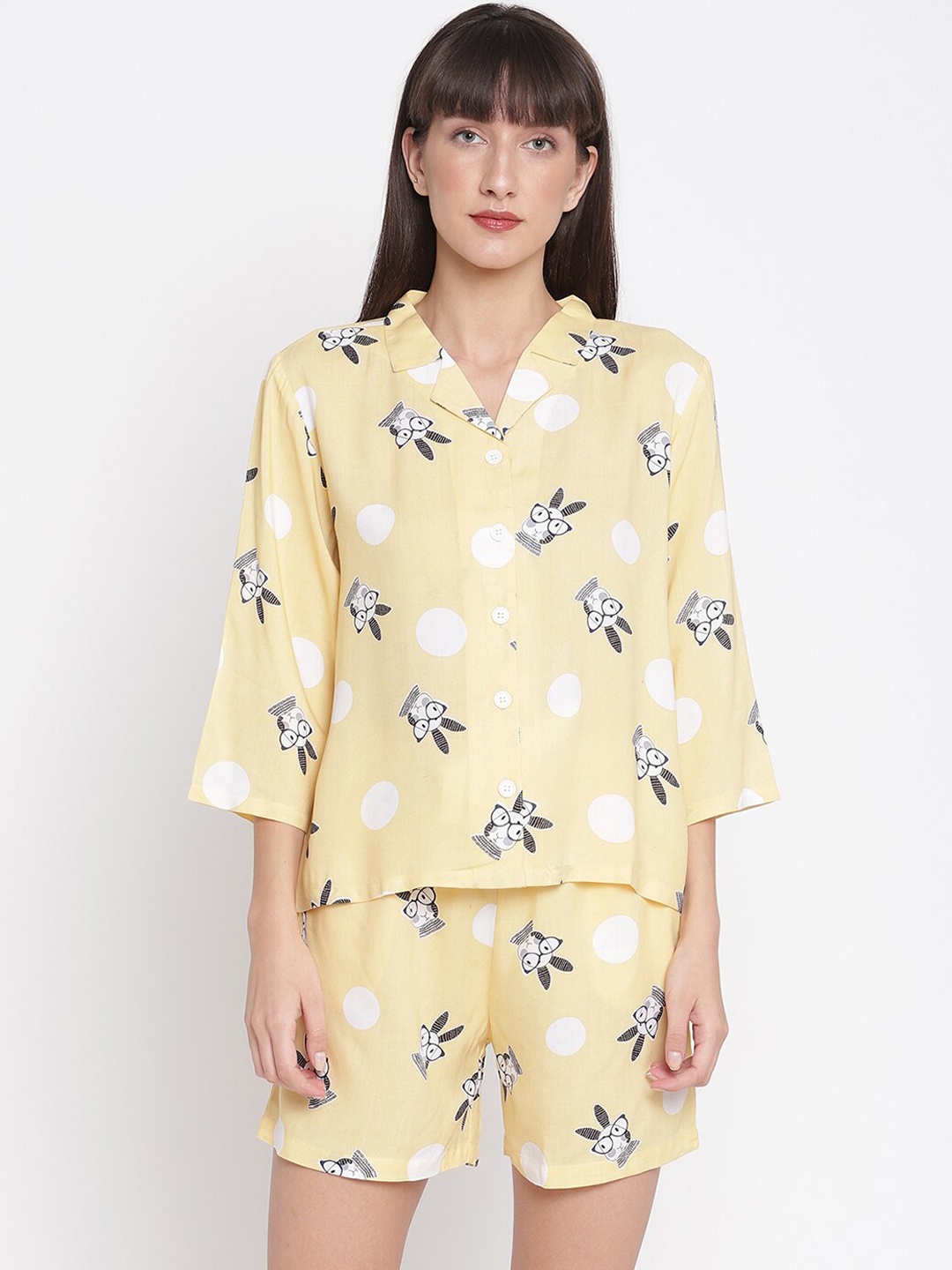 

COASTLAND Women Yellow Printed Night Suit