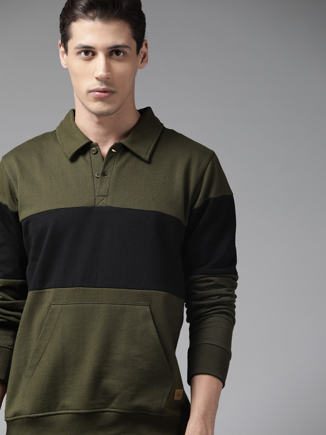 

Roadster Men Olive Green & Black Colourblocked Sweatshirt