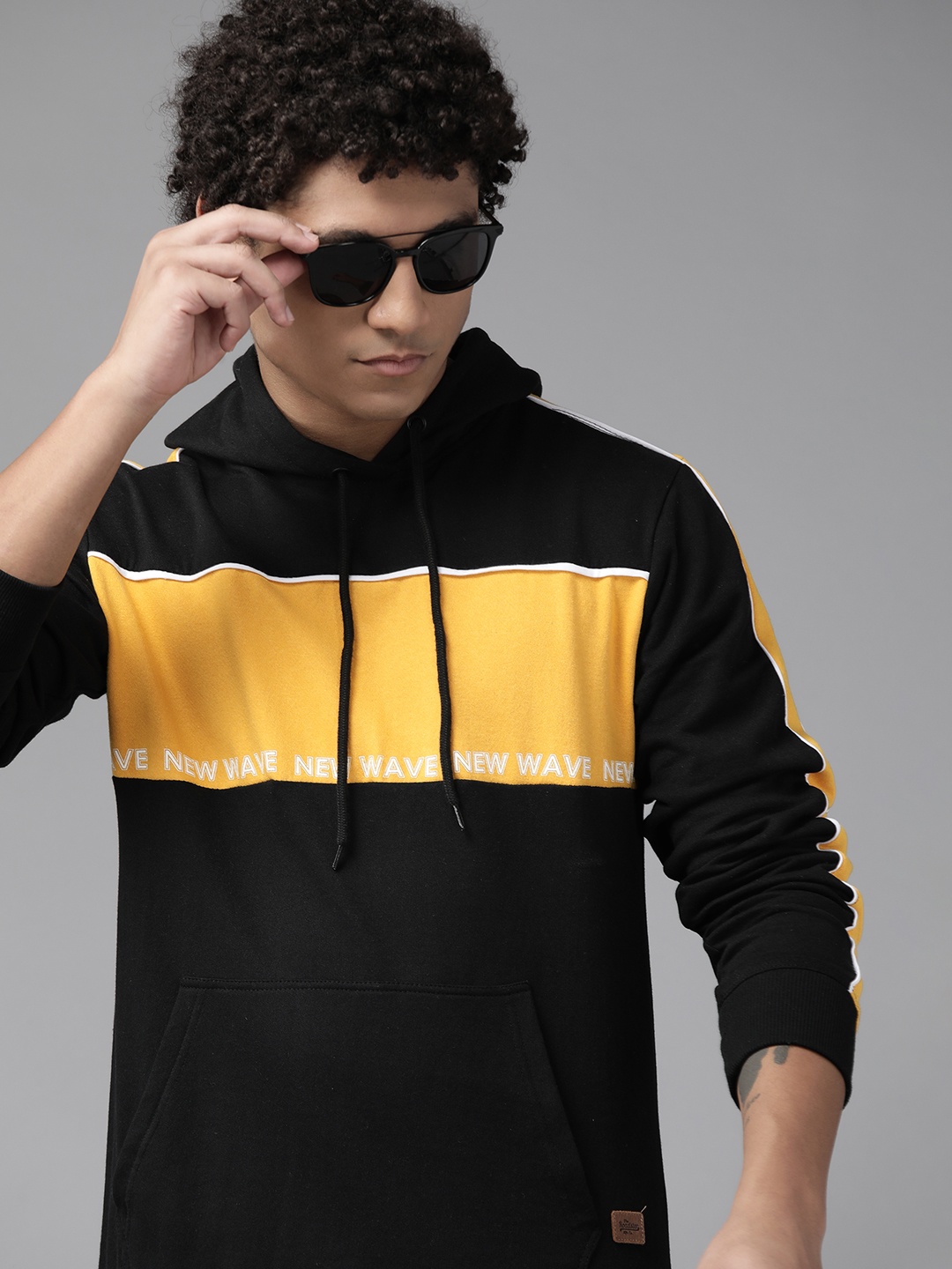 

The Roadster Lifestyle Co. Men Black & Yellow Striped Hooded Sweatshirt