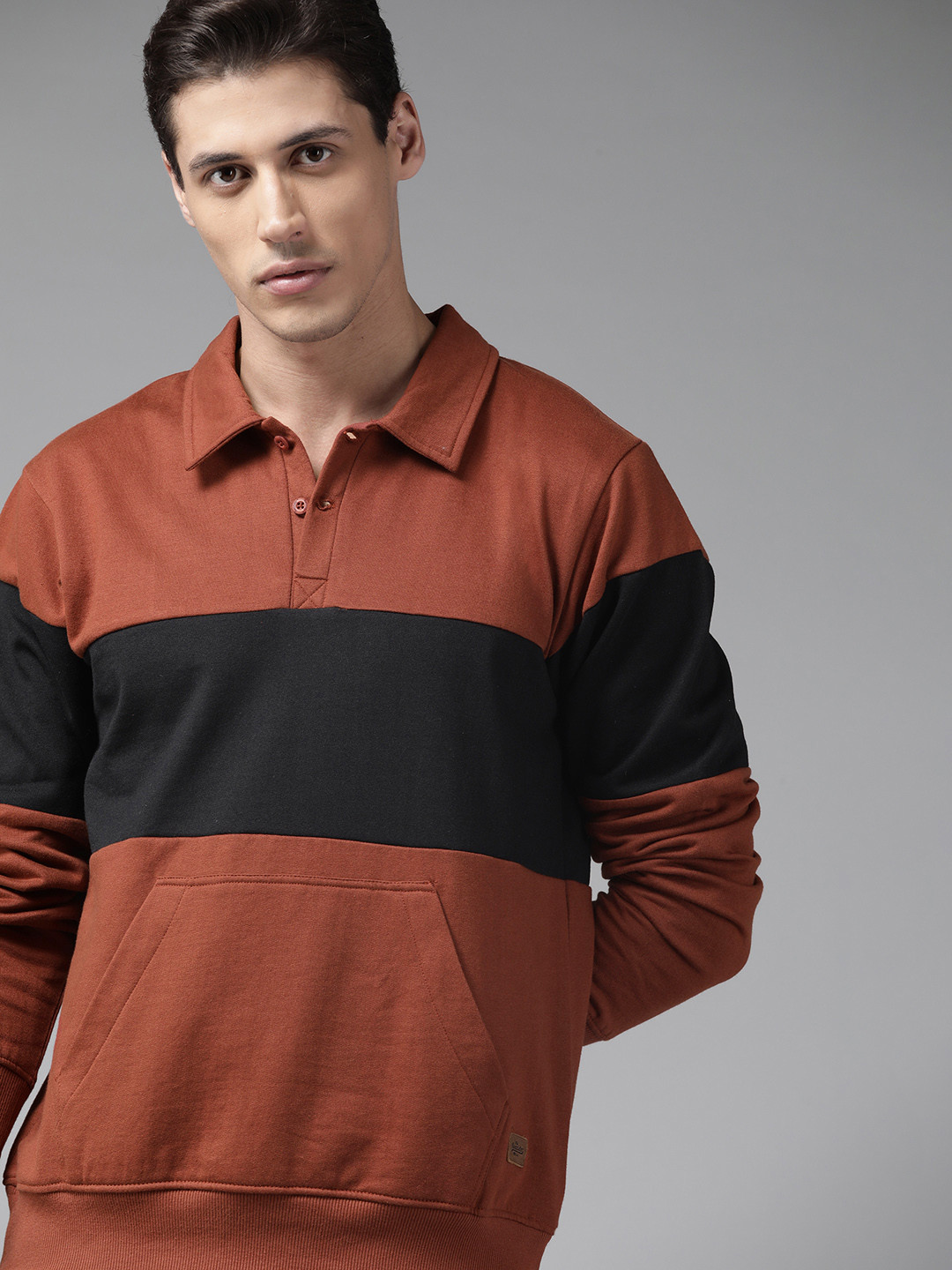 

Roadster Men Rust Brown & Black Colourblocked Sweatshirt