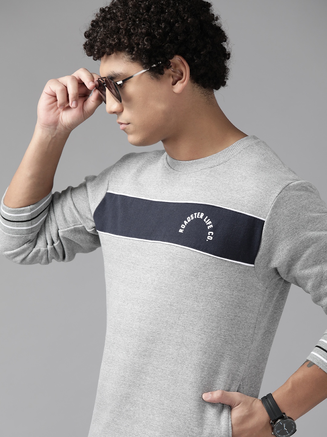 

The Roadster Lifestyle Co. Men Grey Melange & Navy Blue Striped Sweatshirt