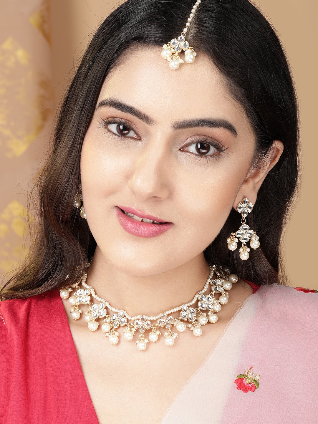

Rubans Gold-Plated Kundan Stone Studded & Pearl Beaded Jewellery Set