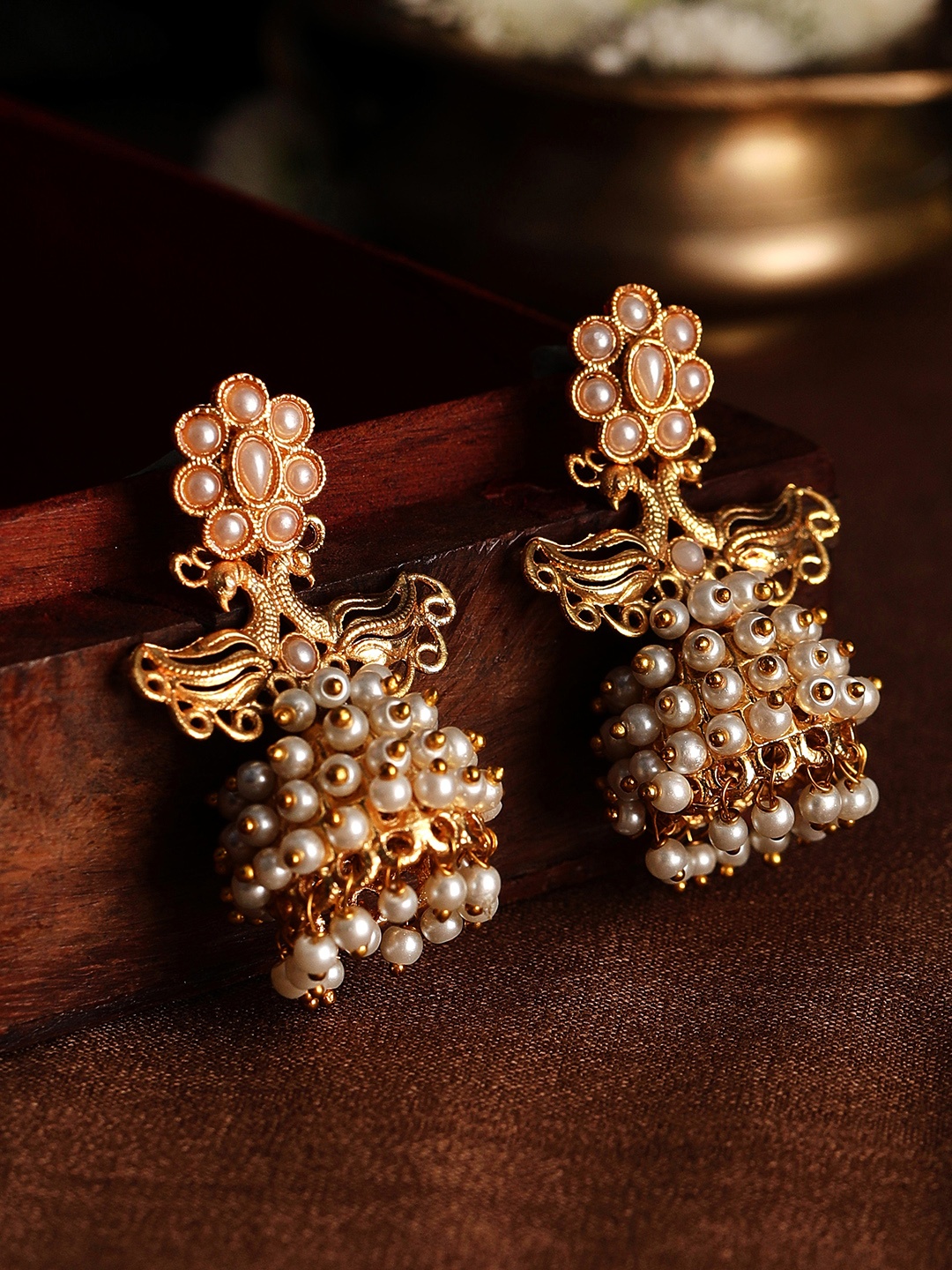 

Rubans 24K Gold-Plated & White Peacock Shaped Handcrafted Jhumkas