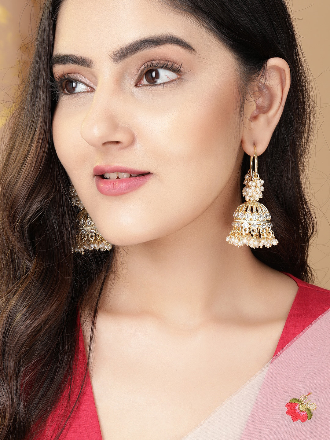 

Rubans Gold-Plated & White Contemporary Jhumkas