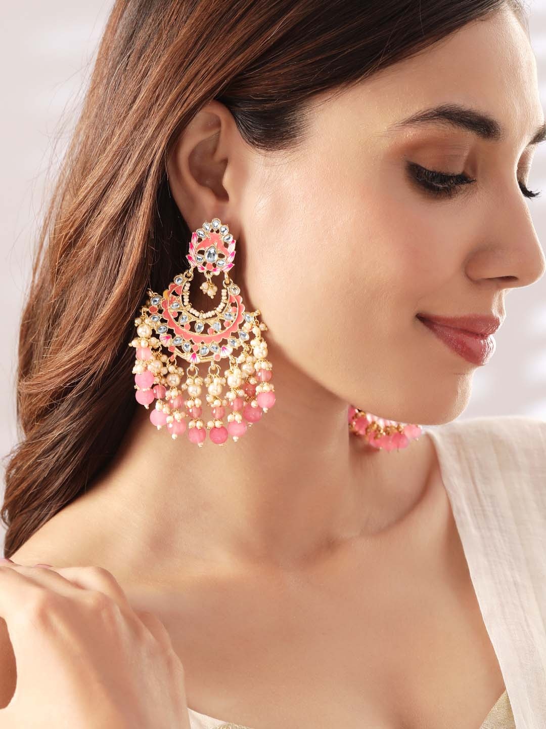 

Rubans 22K Gold Plated Pink &Pearl Beads and Kundan Detailing Handcrafted Big Chandbali