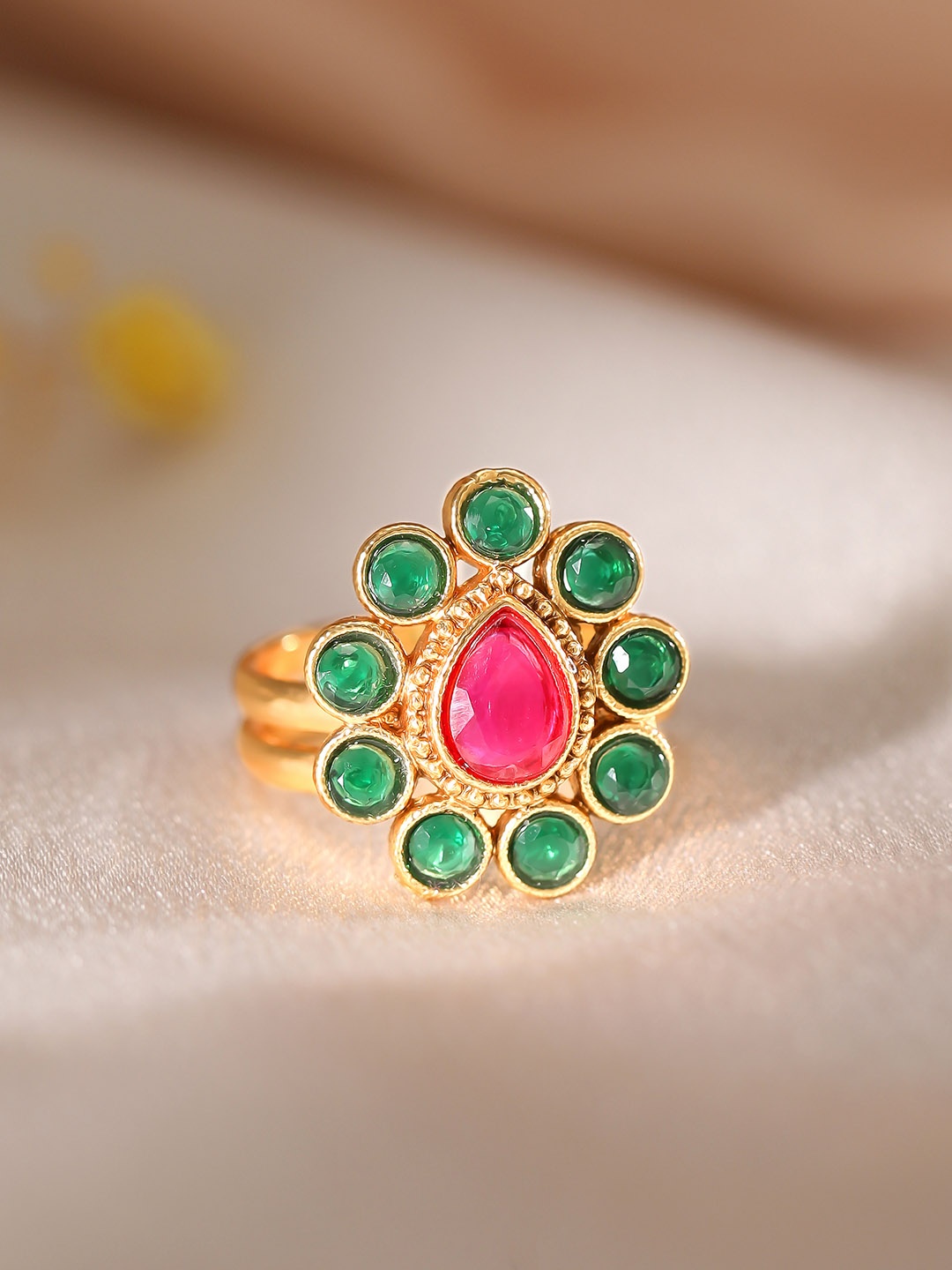 

Rubans 24K Gold-Plated Green & Pink Stone Studded Handcrafted Adjustable Finger Ring