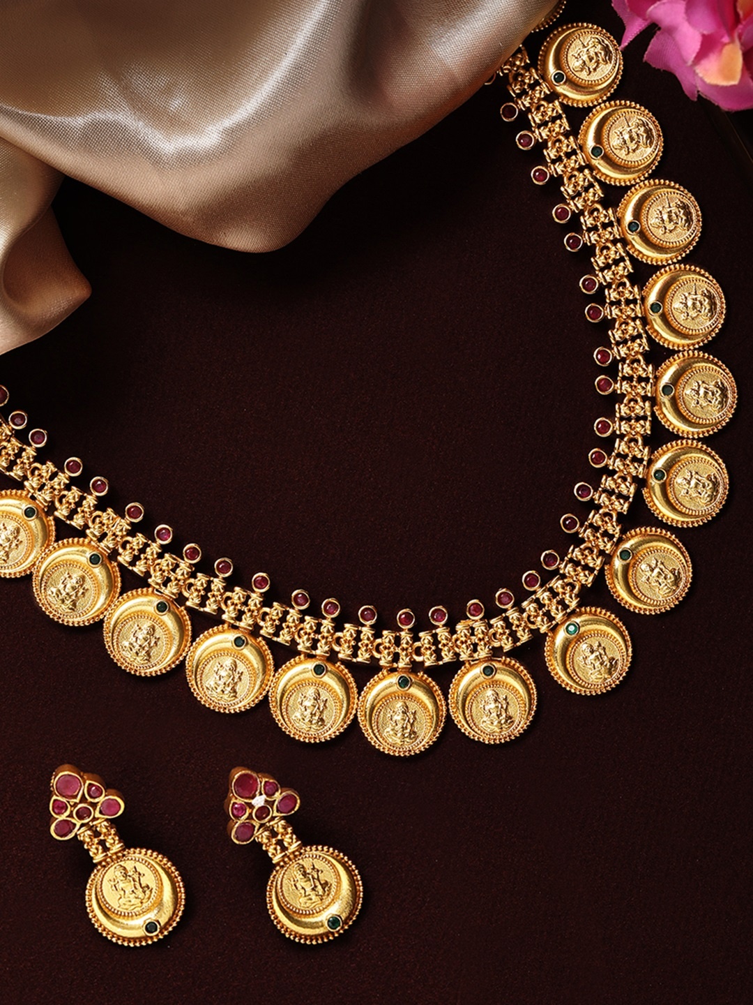 

Rubans 24K Gold-Plated Pink & Green Ruby-Studded Handcrafted Jewellery Set
