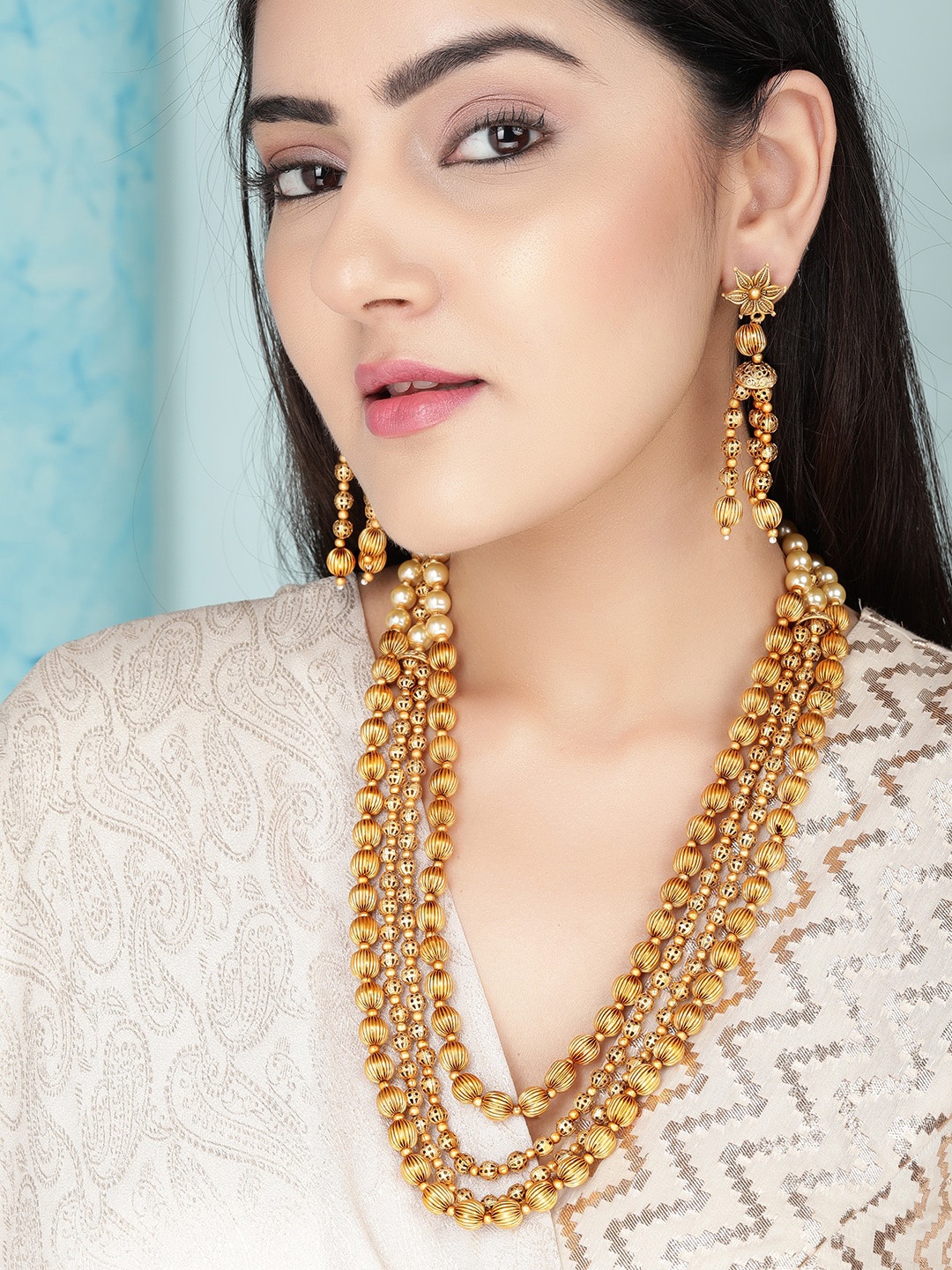 

Rubans Women Gold Plated Handcrafted Gold Beaded Layered Necklace Set