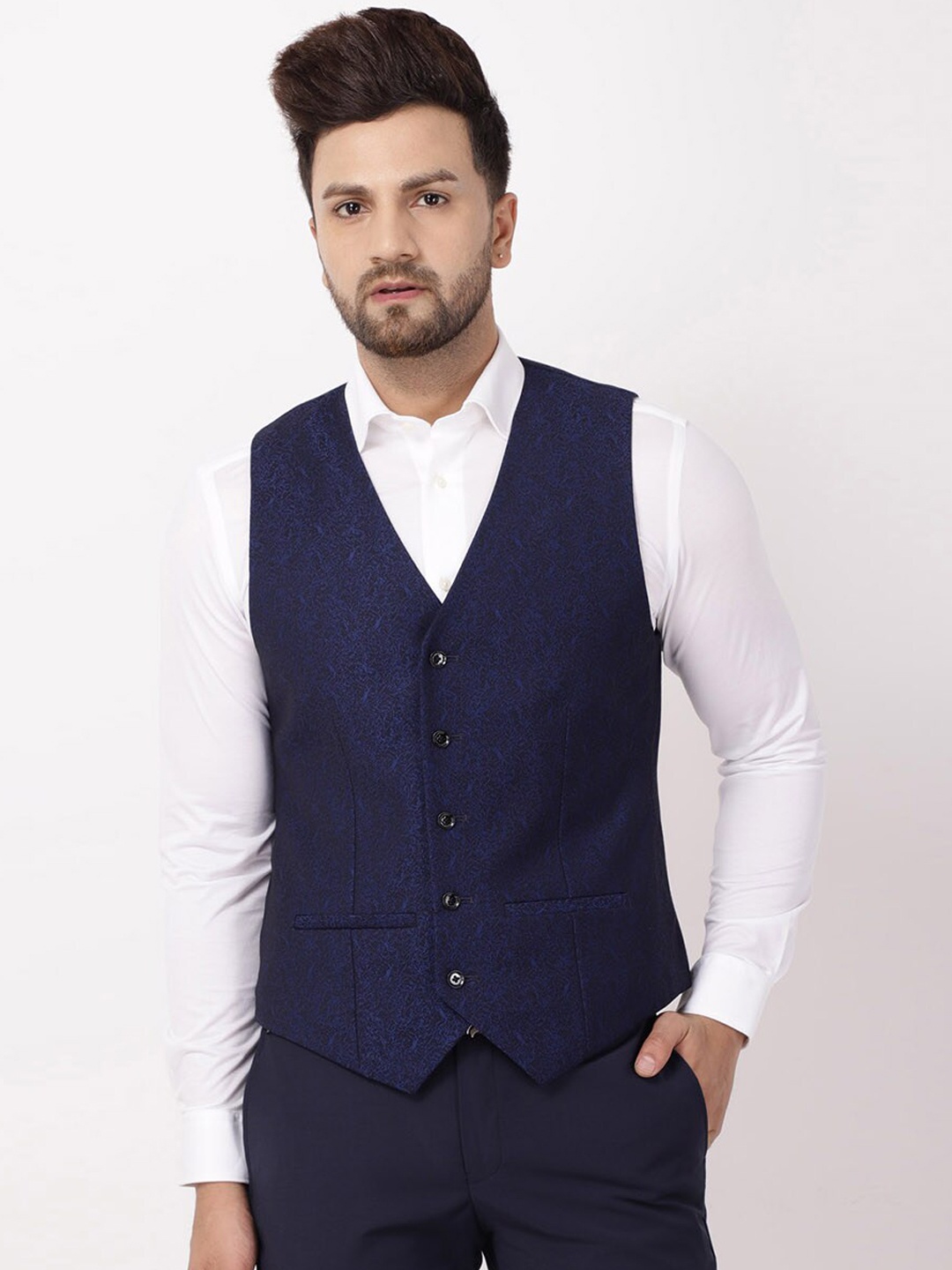

Blackberrys Men Navy Blue Woven Semi Formal Waistcoat