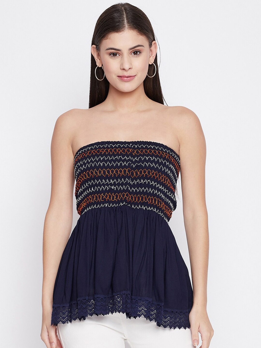 

Ruhaans Navy Blue & Orange Smocked Tube Top