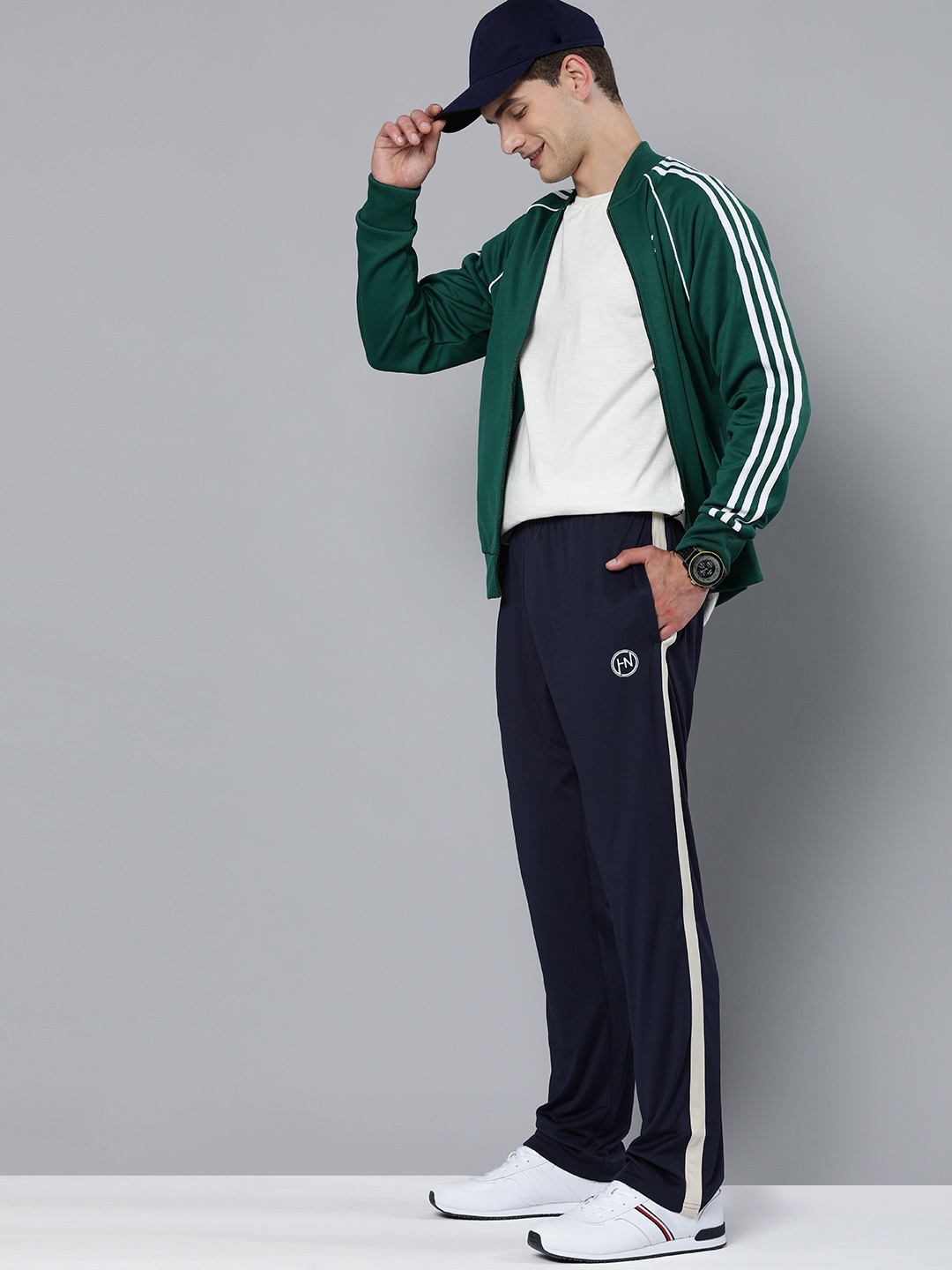 

HERE&NOW Men Navy Blue Side Stripe Printed Loose Fit Track Pants