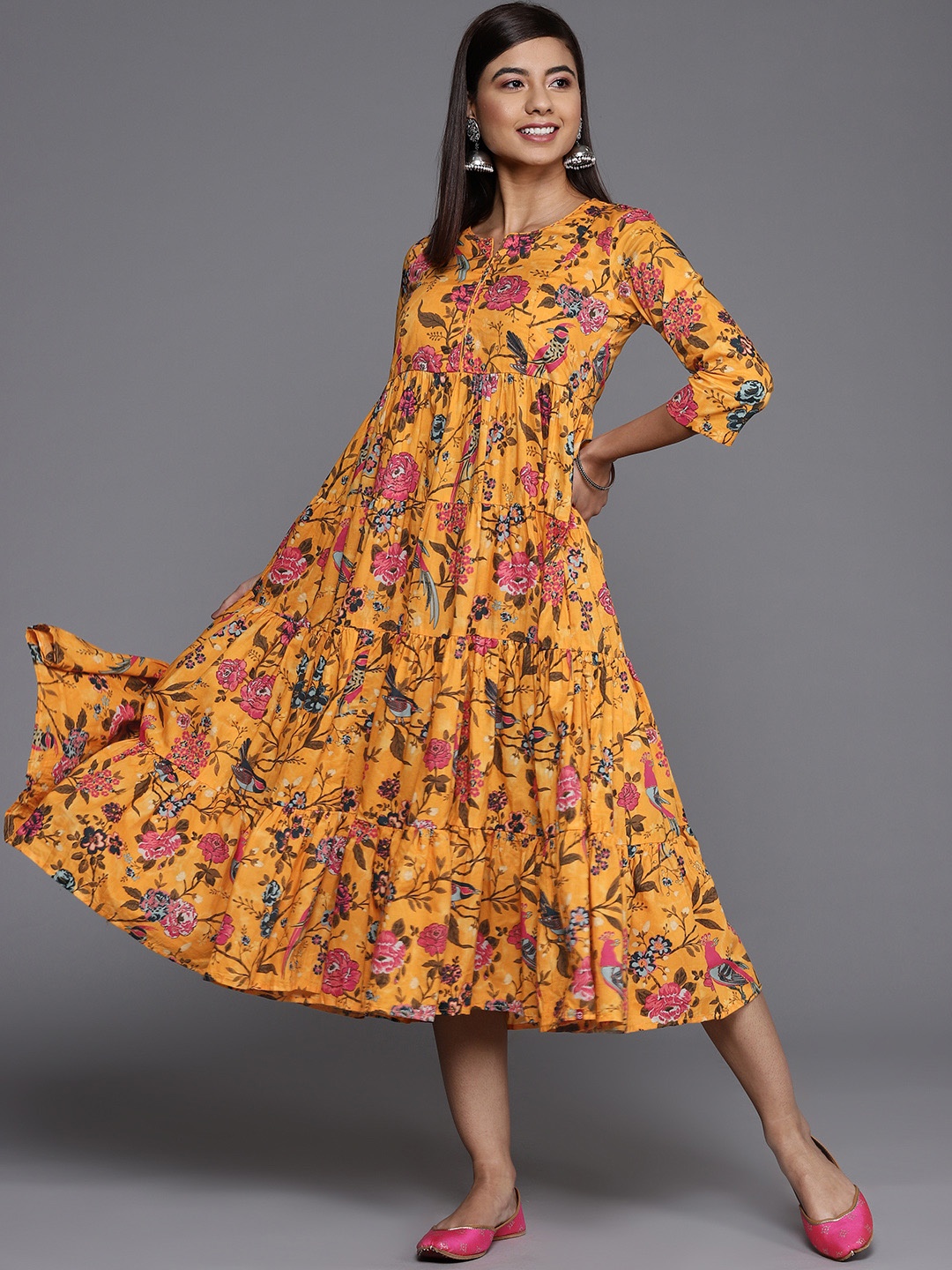 

Biba Mustard Yellow Tropical Tiered Midi Dress