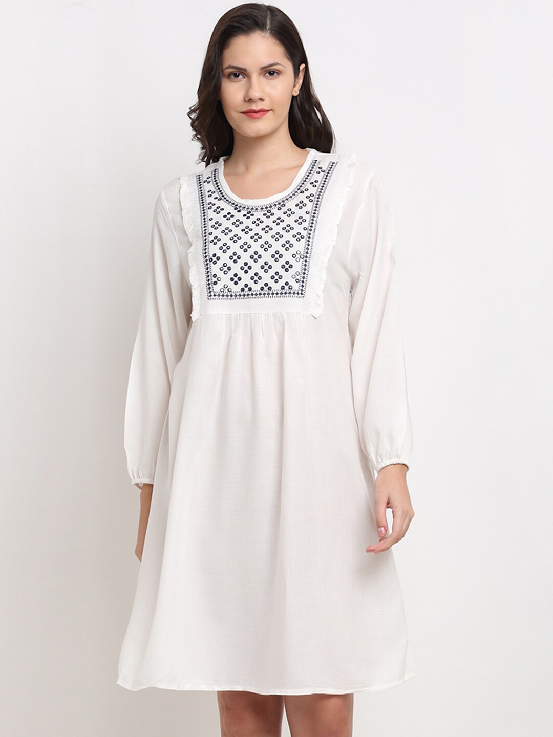 

Miaz Lifestyle Women White & Blue Embroidered A-Line Dress