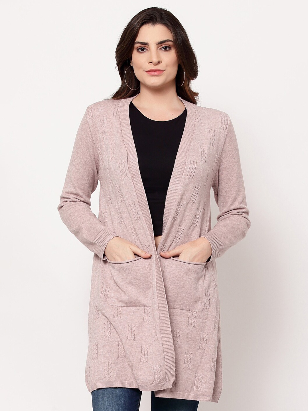 

Mafadeny Women Pink Self Design Longline Shrug