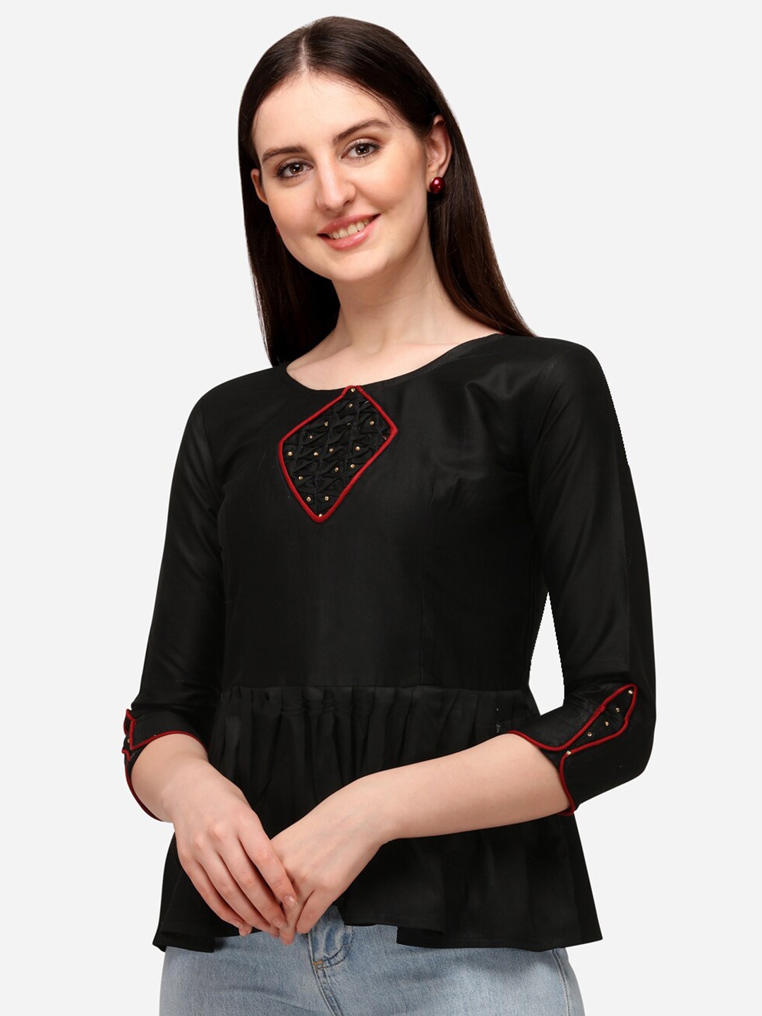 

VENISA Black Embellished Embroidered Satin Peplum Top