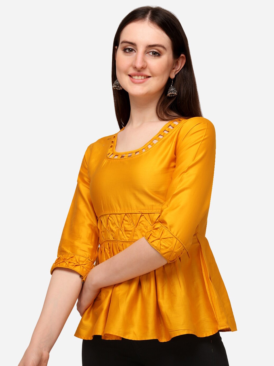 

VENISA Mustard Yellow Cut Work Satin Peplum Top