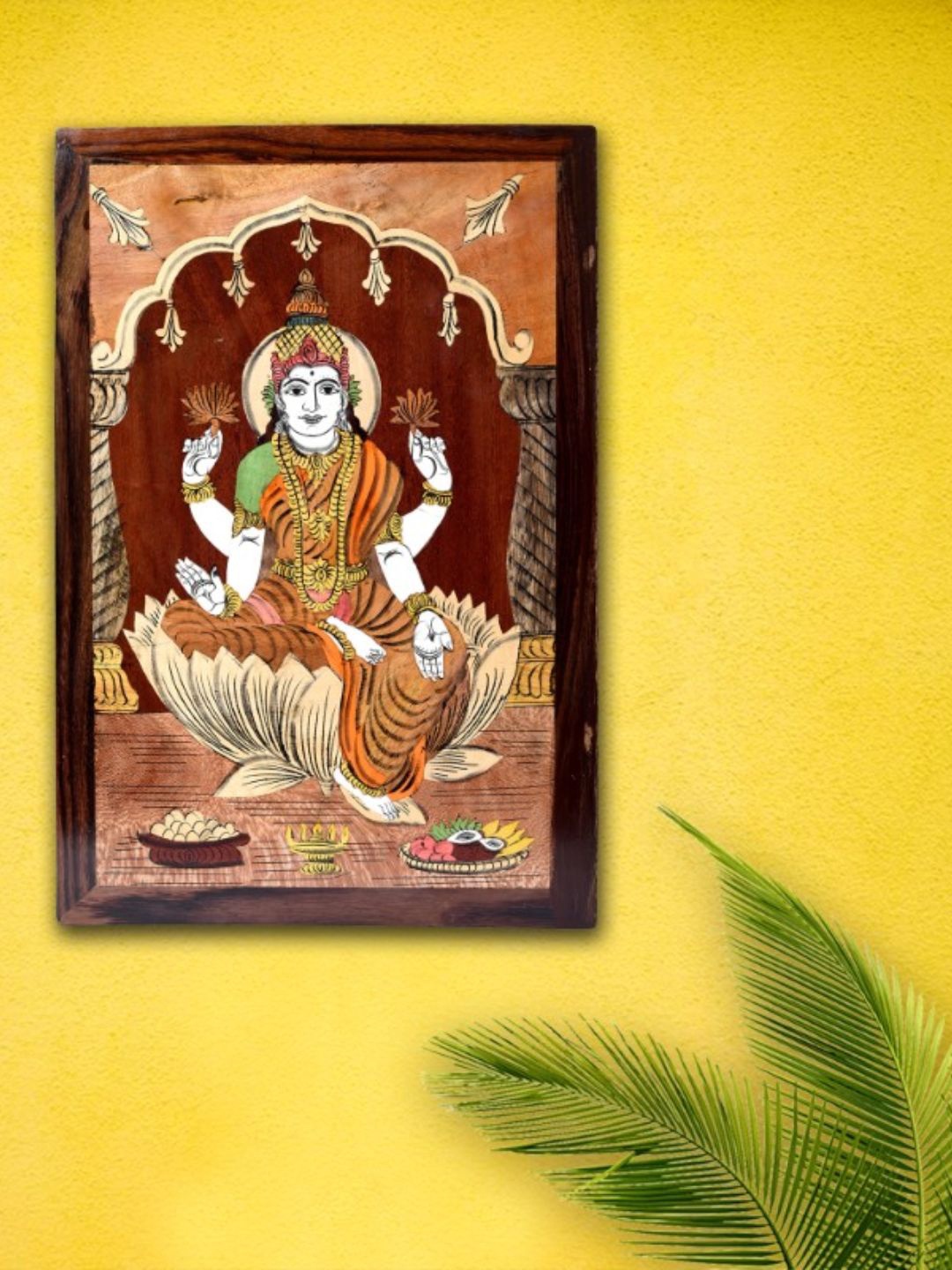 

Unravel India Brown & White Wooden Inlay Goddess Saraswati Wall Hanging