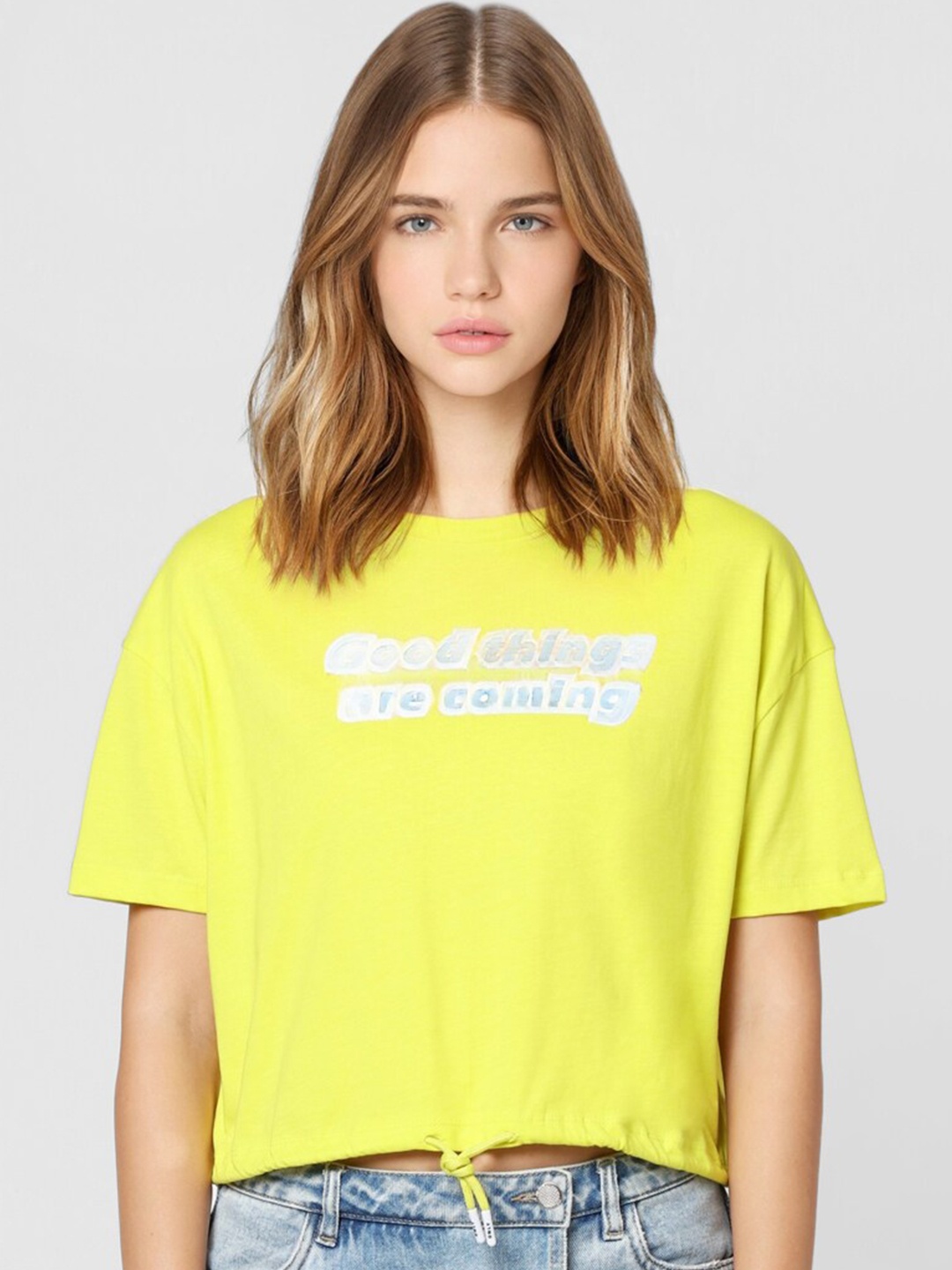 

ONLY Women Yellow & White Typography Printed Drop-Shoulder Sleeves T-shirt
