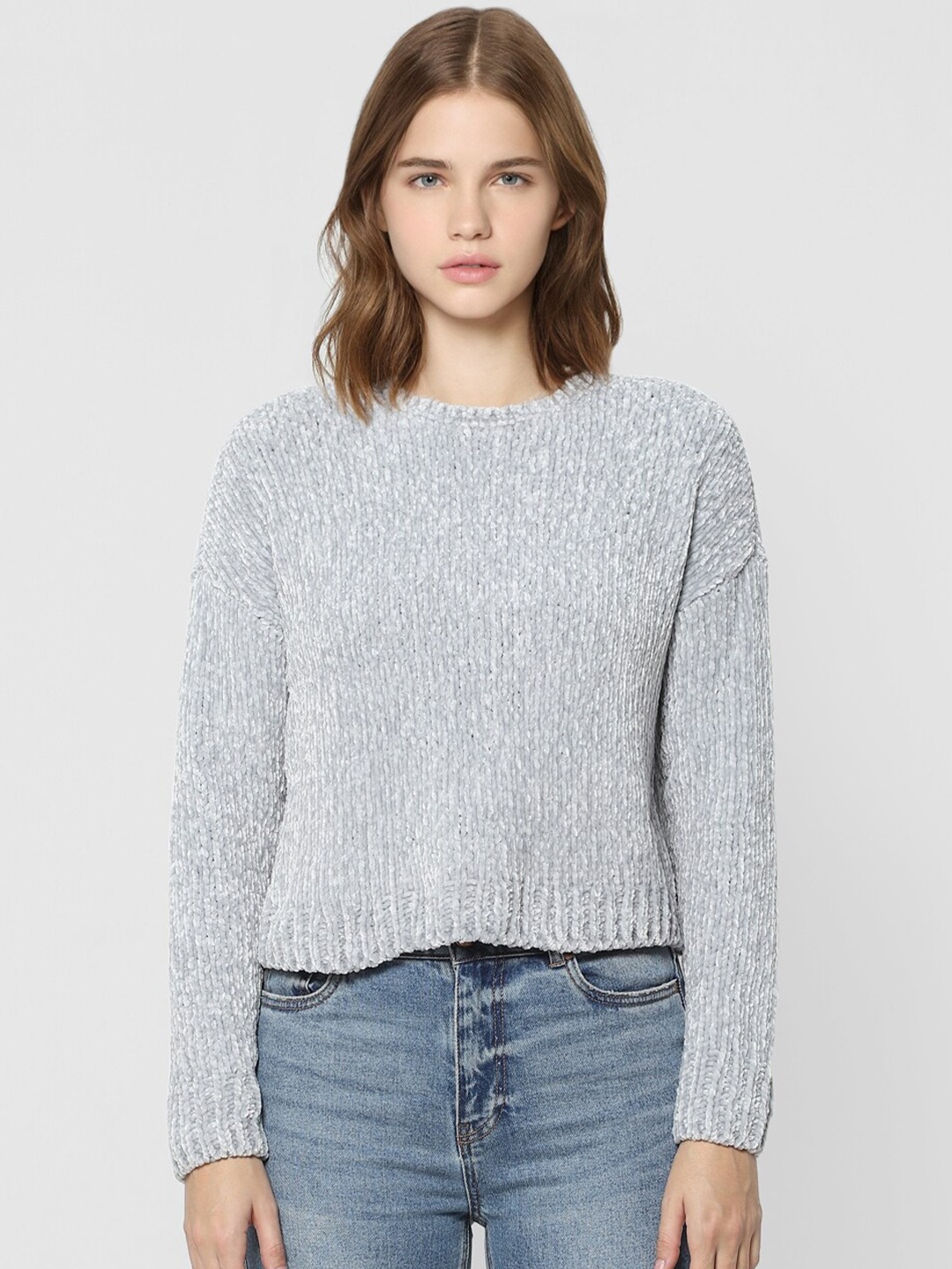 

ONLY Women Grey Self Design Cable Knit Cropped Pullover