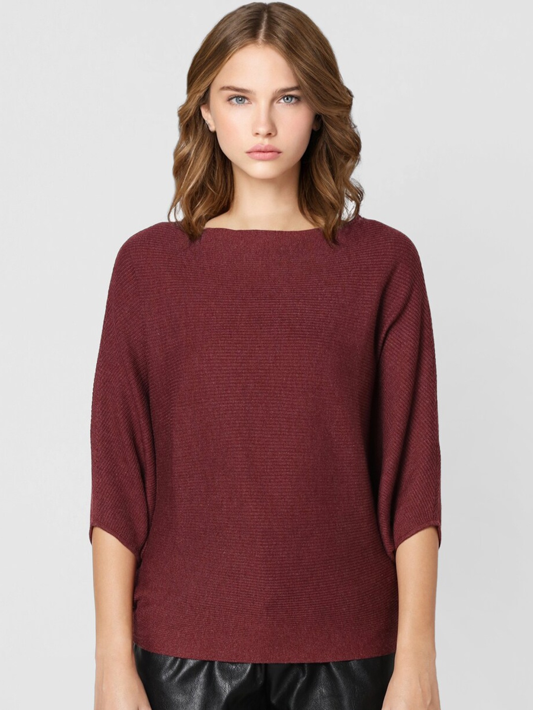 

ONLY Women Maroon Solid Bat Sleeve Pullover