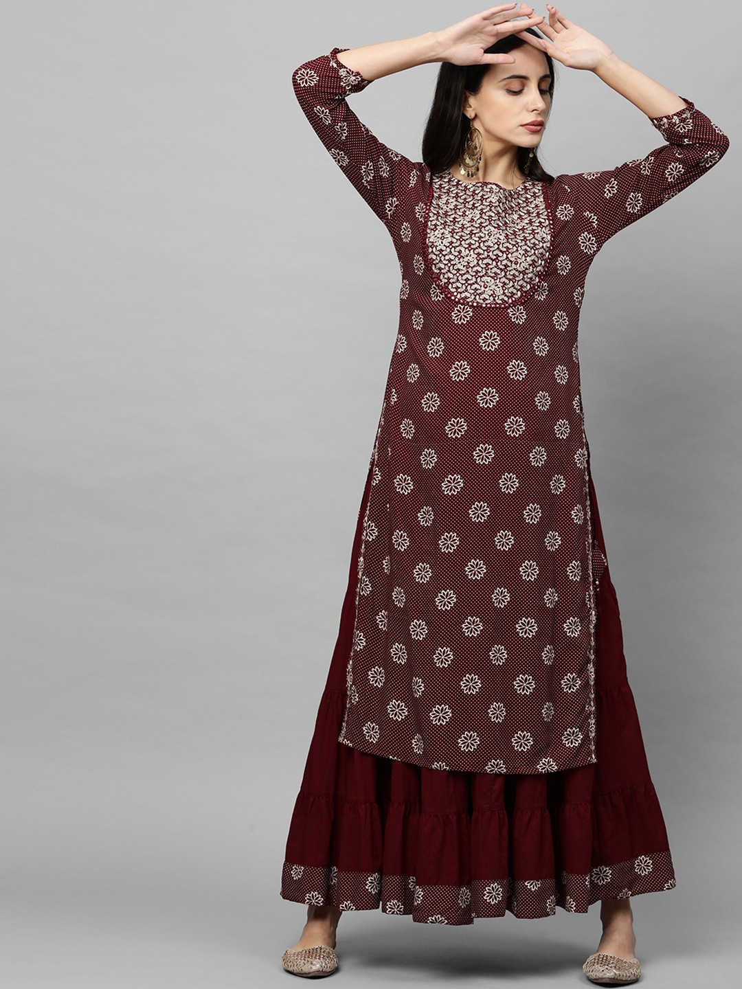

FASHOR Women Maroon Ethnic Motifs Printed Regular Mirror Work Kurta with Skirt