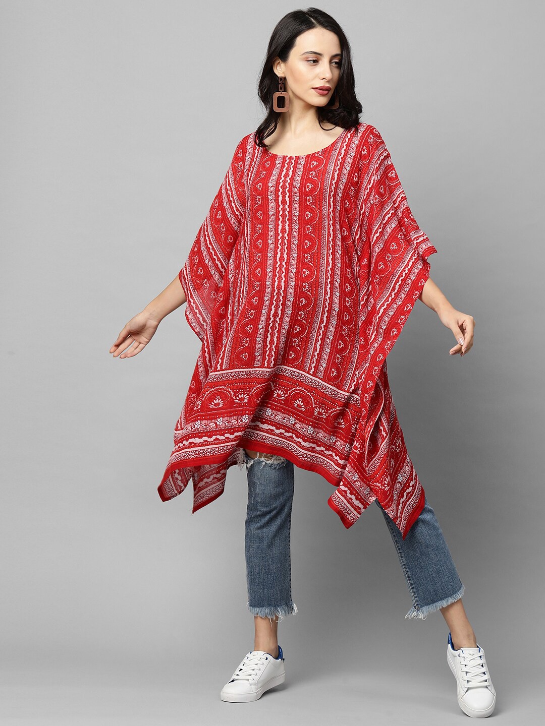 

FASHOR Women Red & Off White Ethnic Motifs Printed Flared Sleeves Kaftan Kurta