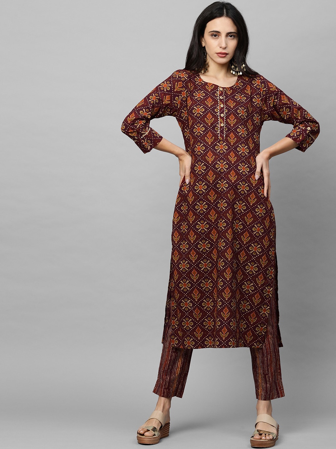 

FASHOR Women Maroon Ethnic Motifs Printed Regular Pure Cotton Kurta with Trousers
