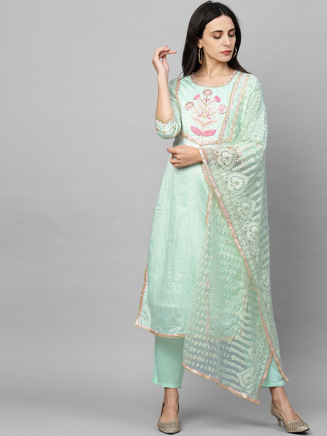 

FASHOR Women Green Yoke Design Thread Work Pure Silk Kurta with Trousers & Dupatta