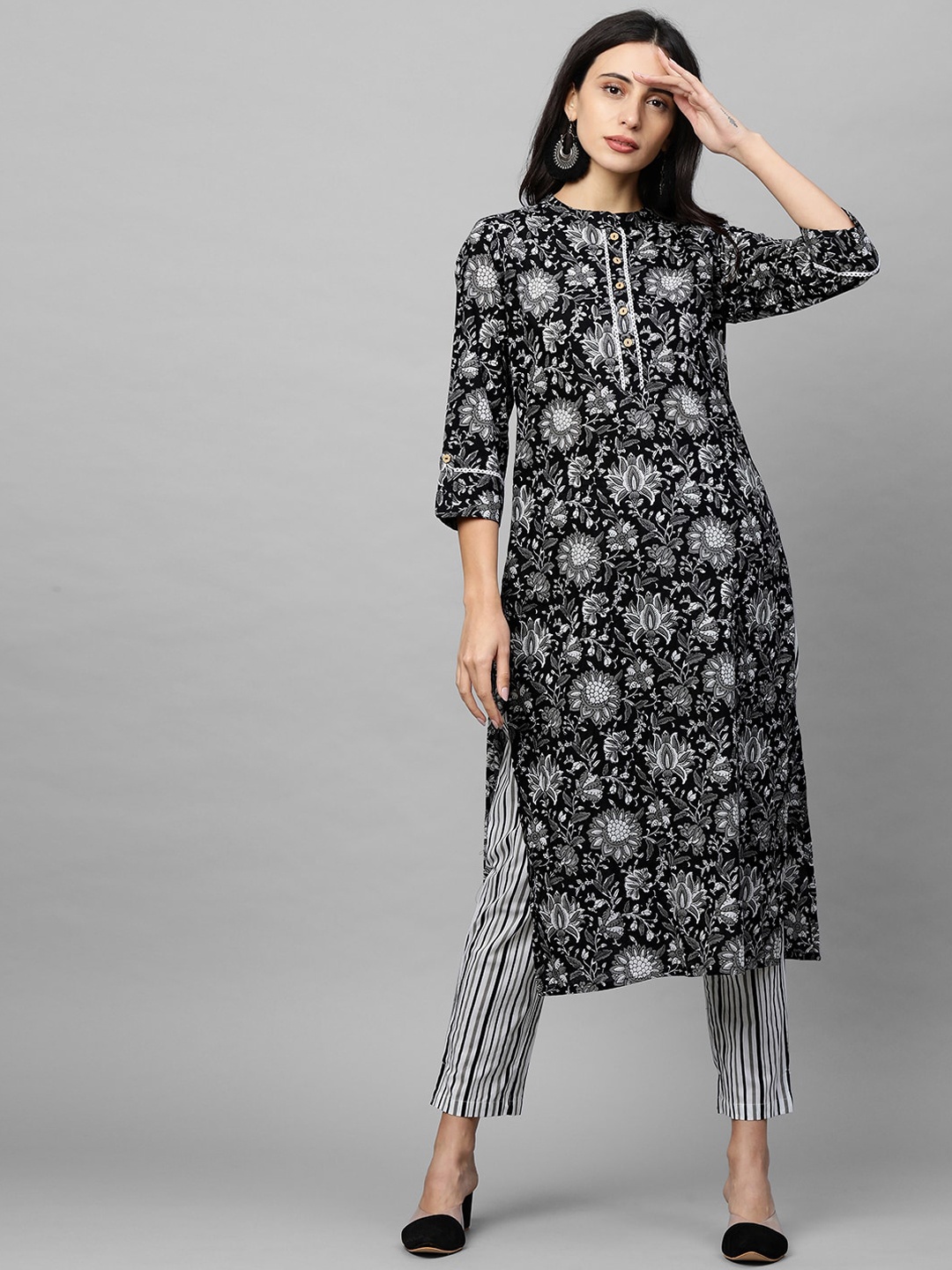 

FASHOR Women Black Floral Printed Regular Pure Cotton Kurta with Trousers