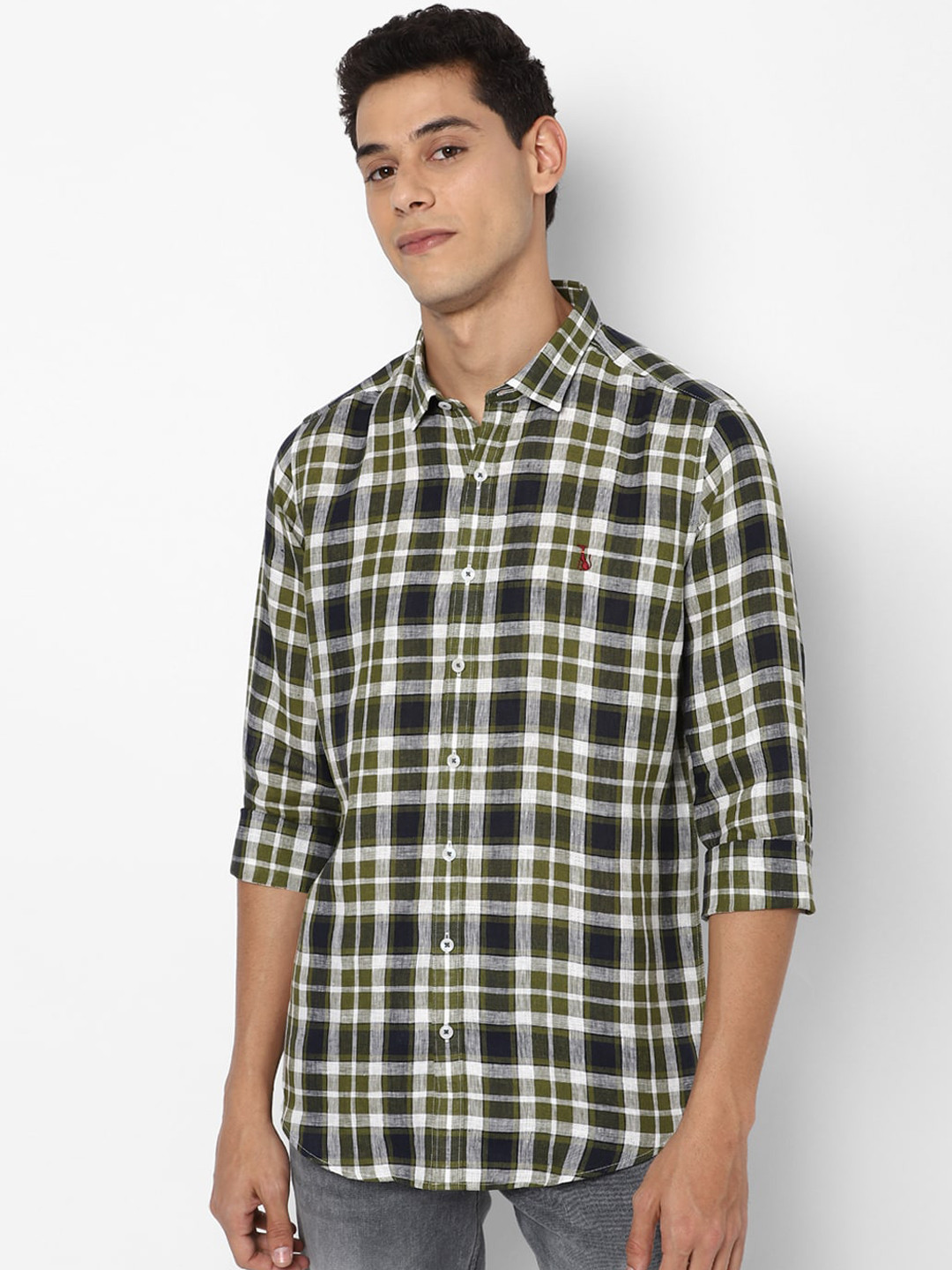 

SIMON CARTER LONDON Men Olive Green & White Slim Fit Checked Cotton Casual Shirt