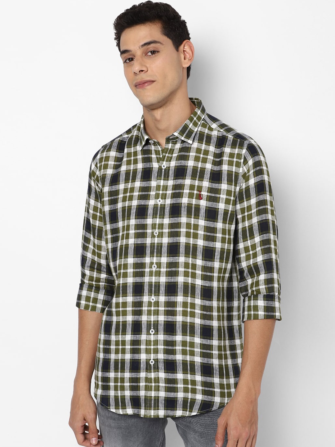 

SIMON CARTER LONDON Men Olive Green & White Slim Fit Checked Cotton Casual Shirt