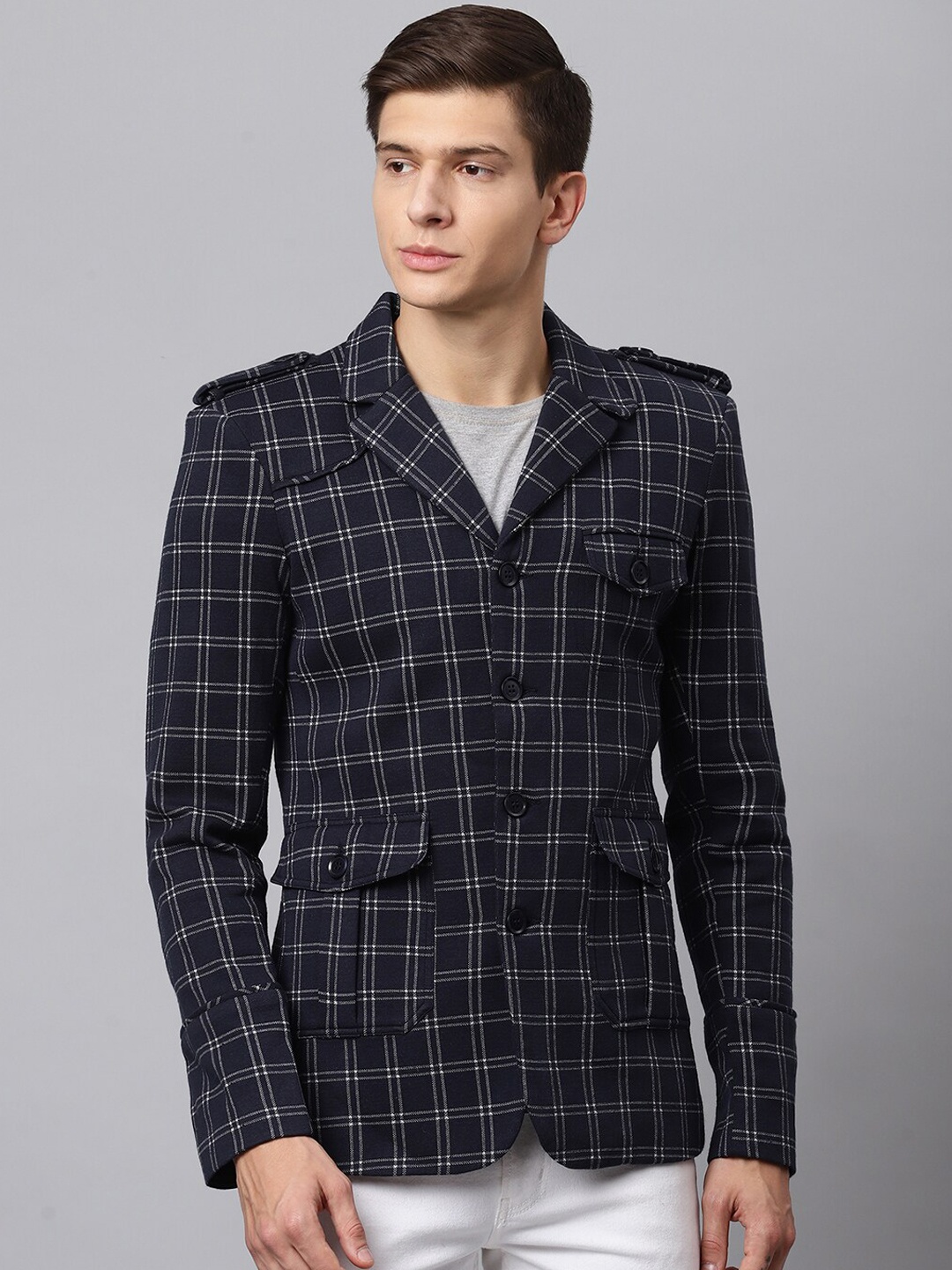 

Campus Sutra Men Navy Blue Checked Pure Cotton Comfort Fit Blazer