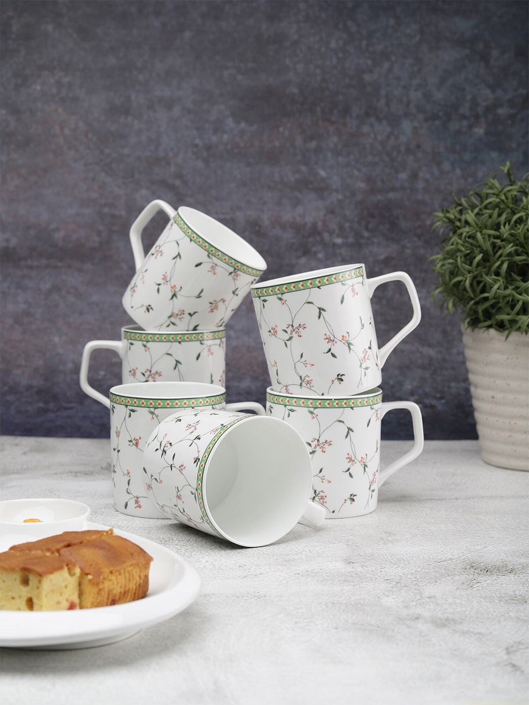 

JCPL Set of 6 White & Green Floral Printed Ceramic Glossy Cups