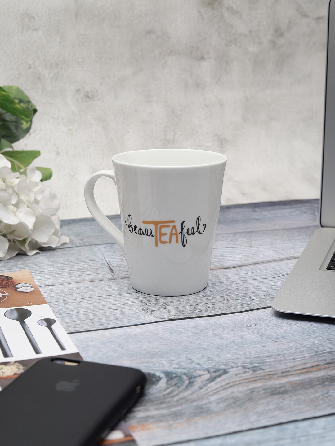 JCPL White & Grey Floral Printed Ceramic Glossy Mug
