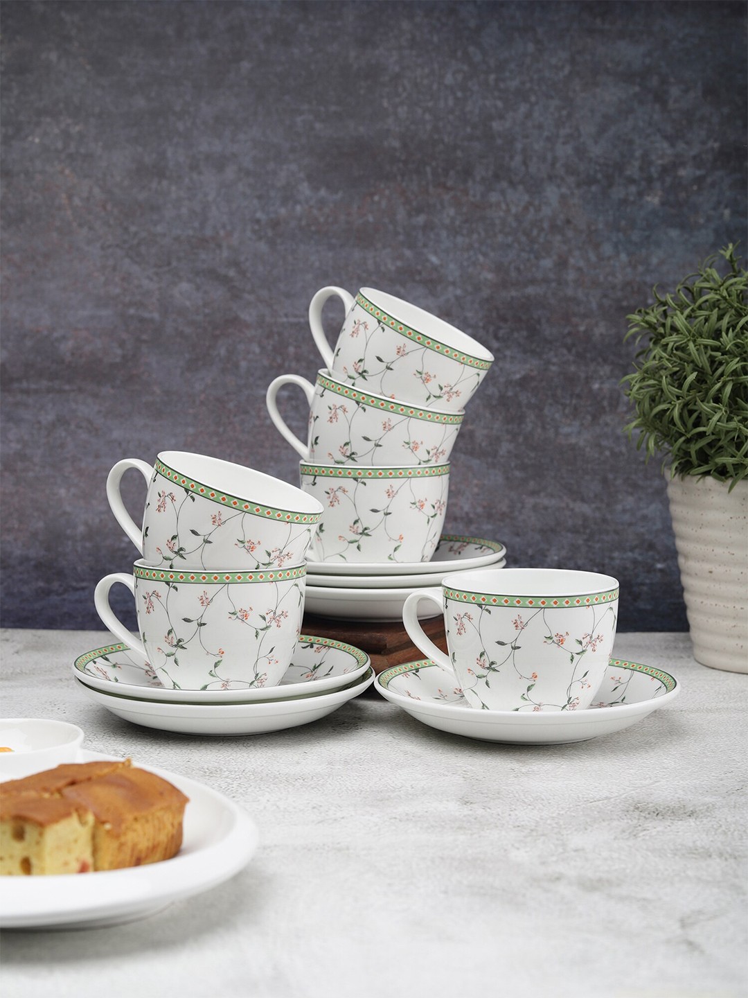 

JCPL White & Green Set of 6 Floral Printed Ceramic Glossy Cups and Saucers