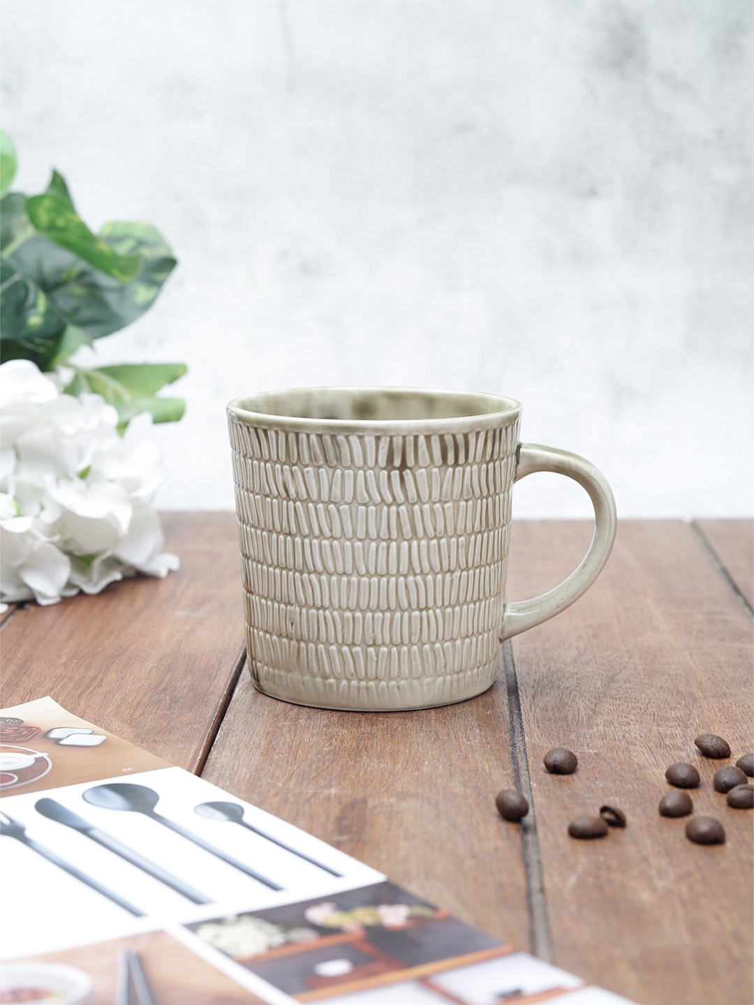 

JCPL Beige Floral Textured Ceramic Glossy Mug