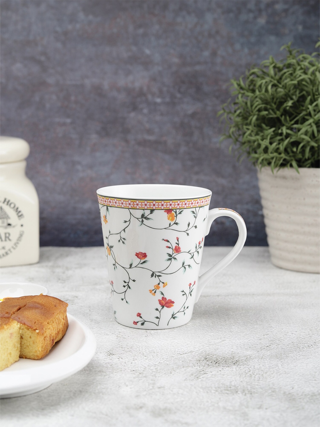 

JCPL White & Green Floral Printed Ceramic Glossy Mug
