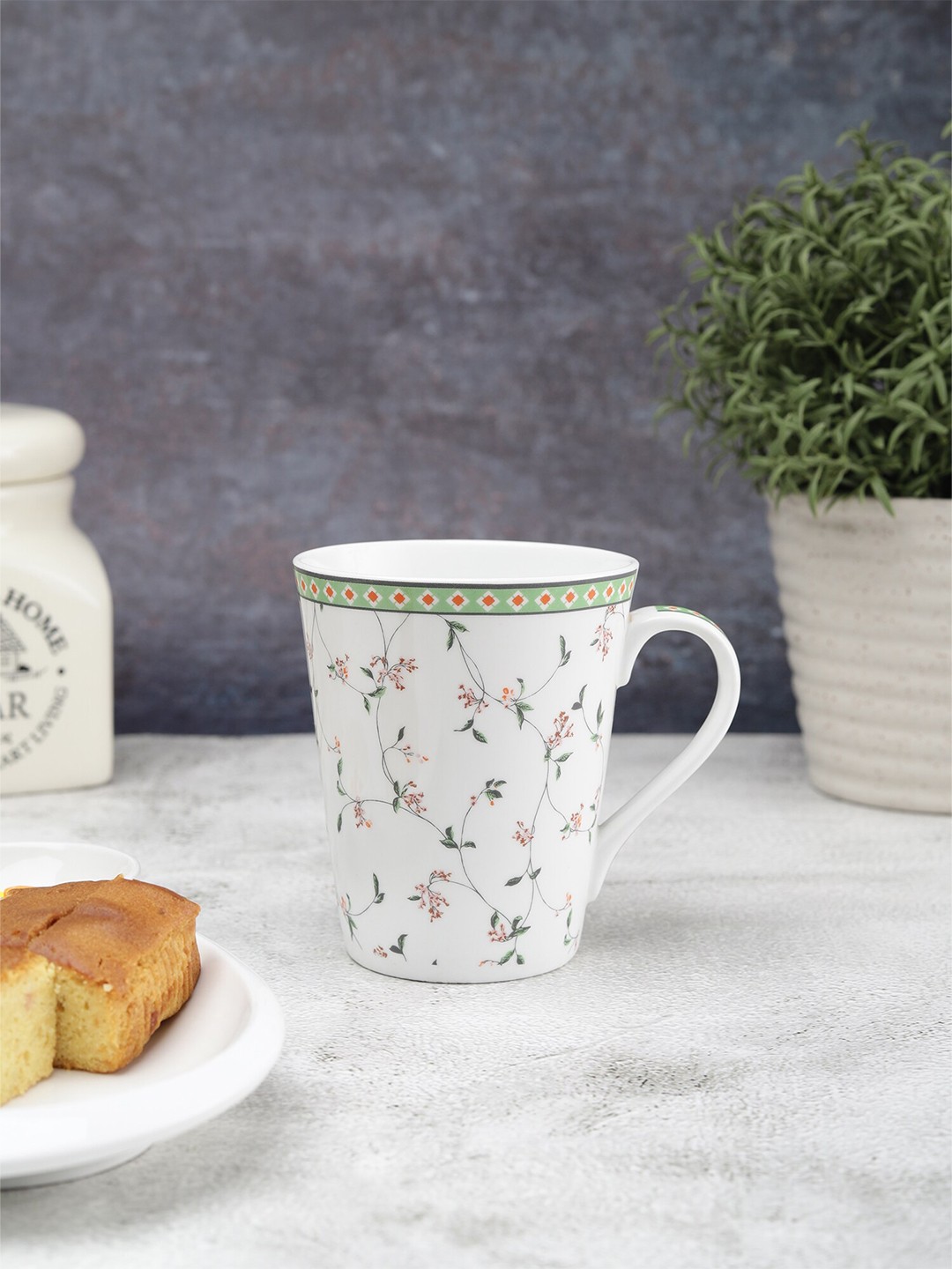 

JCPL White & Green Floral Printed Ceramic Glossy Mug