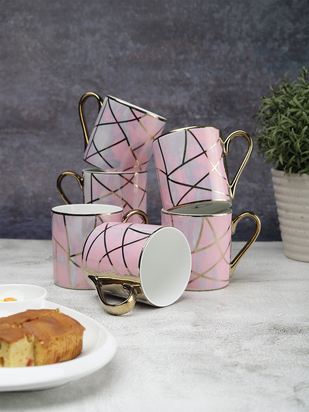 

JCPL Pink & Grey 6 Pieces Geometric Printed Ceramic Glossy Cups 220 ml each