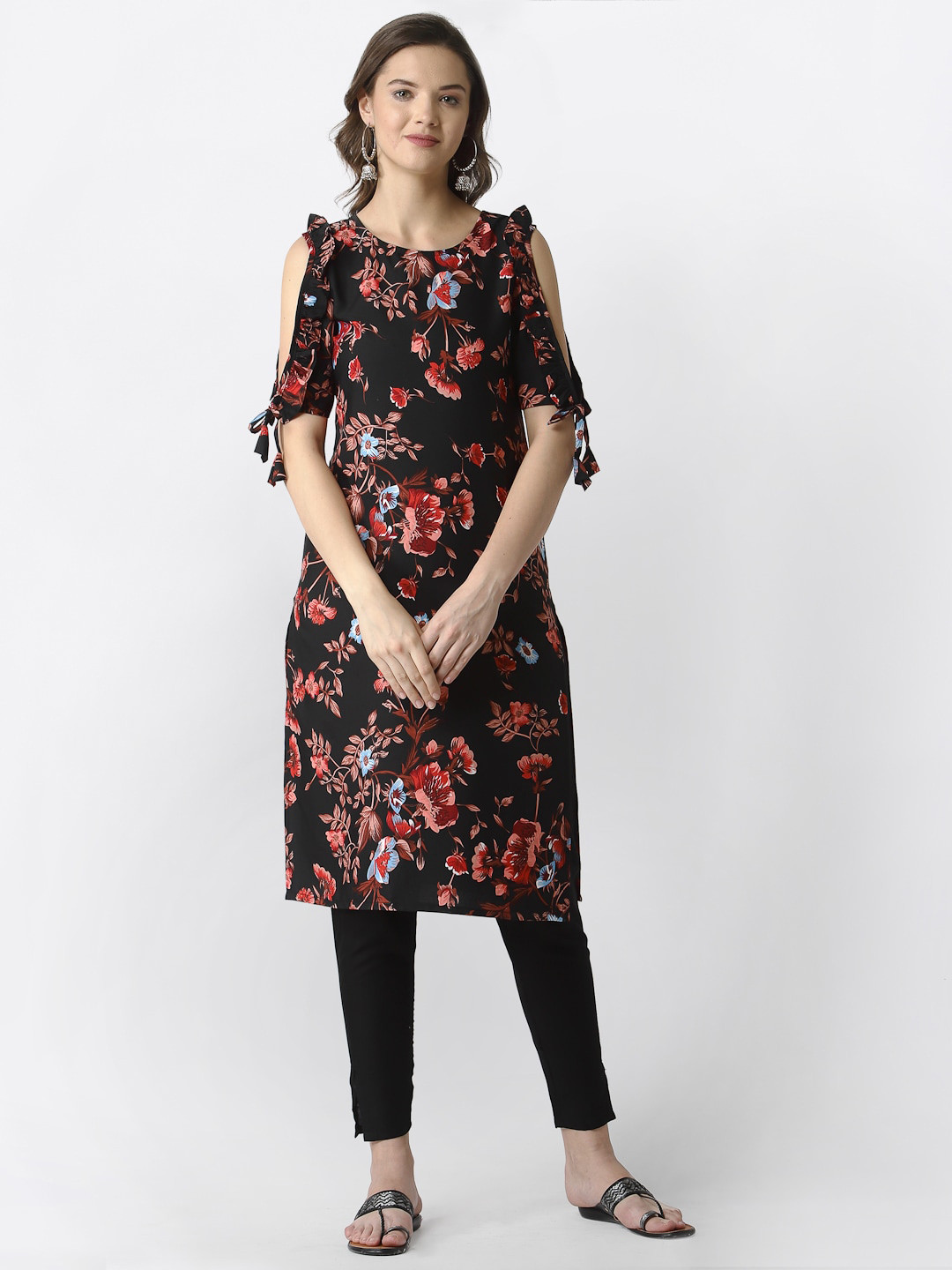 

SANISA Women Black & Red Floral Printed Cold-Shoulder Sleeves Crepe Kurta