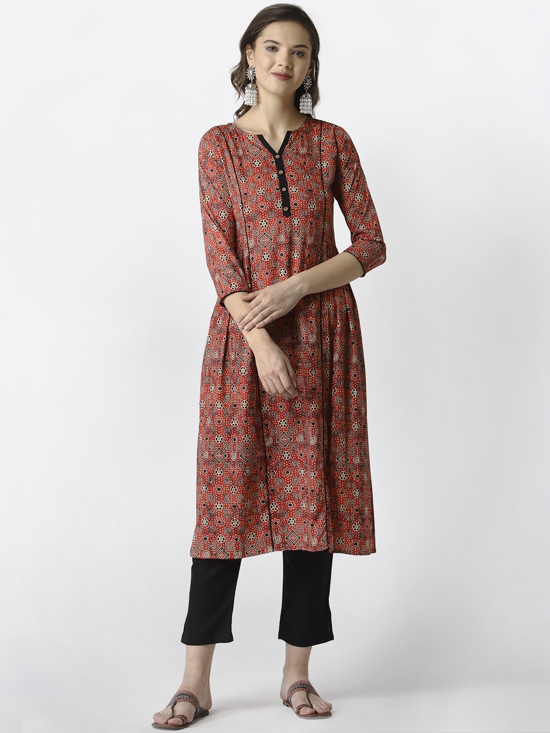 

SANISA Women Rust & Black Ethnic Motifs Printed Crepe Anarkali Kurta